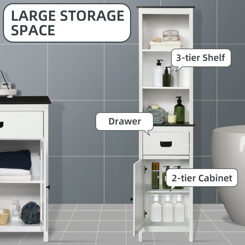 Freestanding Slim White Bathroom Cabinet - Tall Storage Cupboard with Adjustable Shelves and Drawer - Space-Saving Organizer for Bathroom or Living Room