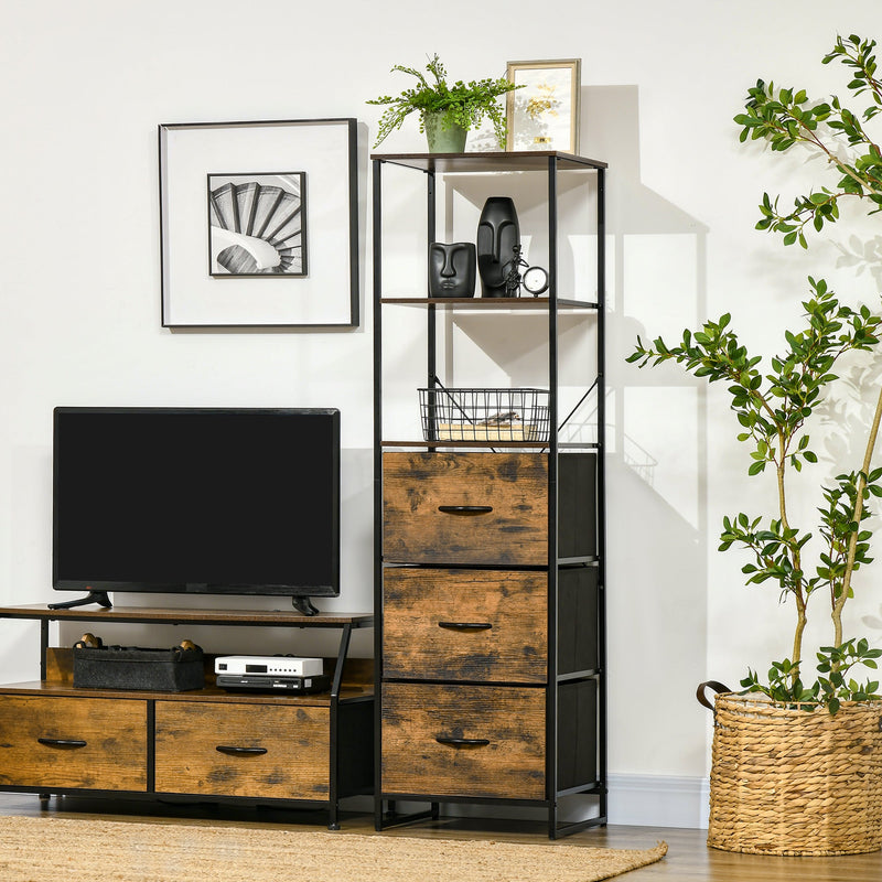 Industrial Storage Organizer - Tall Bookcase with 2 Open Shelves & 3 Foldable Fabric Drawers - Rustic Brown, Ideal for Living Room or Study