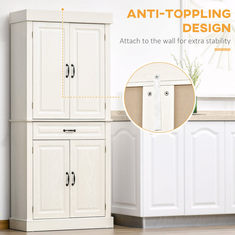 Freestanding 4-Door Kitchen Cupboard - Wide Drawer & Shelving Storage Cabinet, 180cm in White Wood Grain - Ideal for Organizing Living Room Clutter