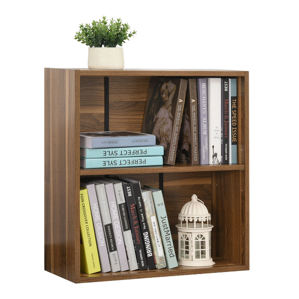 2-Tier Wooden Bookshelf in Walnut - Storage Unit with Shelves and Cupboard - Space-Saving Bookcase for Home and Office Organization