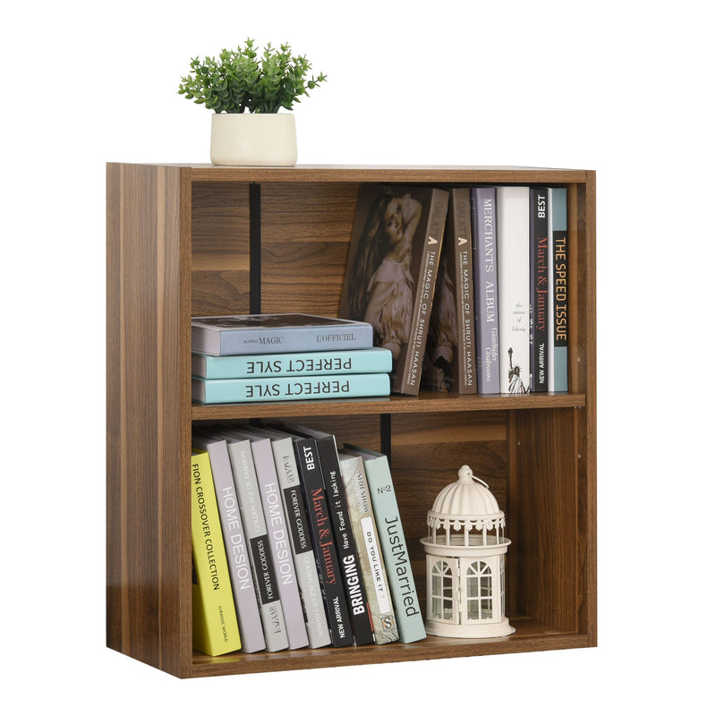 2-Tier Wooden Bookshelf in Walnut - Storage Unit with Shelves and Cupboard - Space-Saving Bookcase for Home and Office Organization