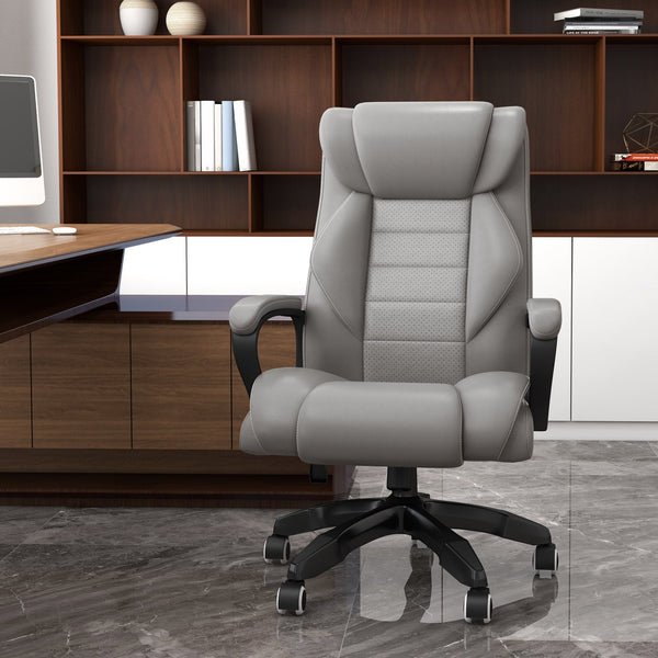 High Back Executive Office Chair with 6-Point Vibration Massage - Extra Padded Ergonomic Swivel Chair with Tilt Function, Grey - Ideal for Stress Relief and Long Hours at Desk