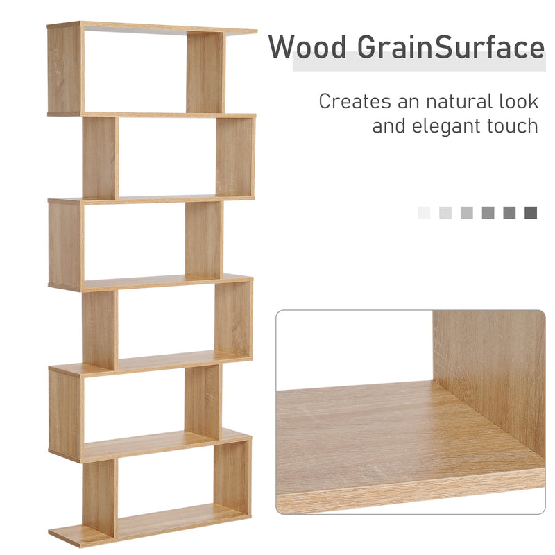 S-Shaped Wooden Bookcase - 6-Tier Storage Display Shelves & Room Divider - Versatile Oak Cabinet for Home and Office Organization