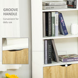 Tall Modern Bookcase with 2 Doors and 4 Shelves - White and Oak Finish Cupboard for Living Room, Study, Bedroom - Ideal for Home Office Storage & Display