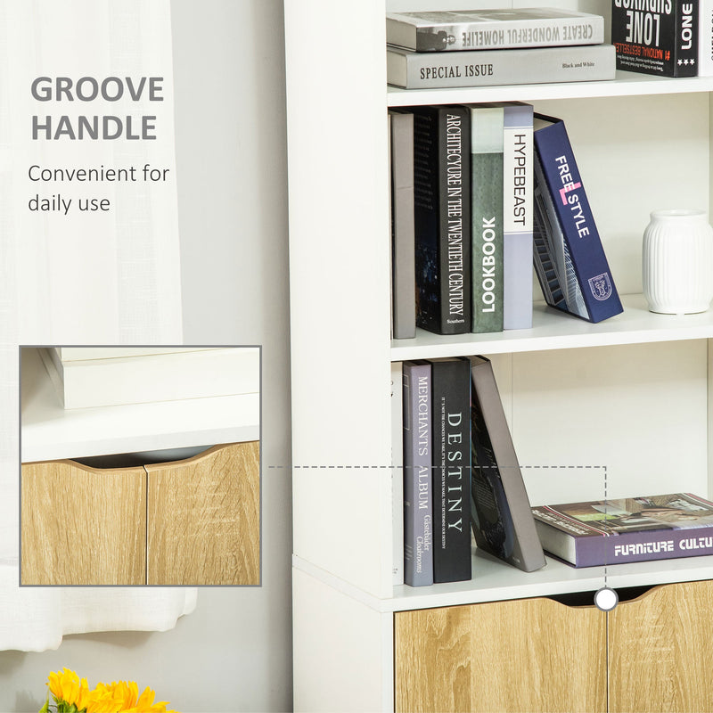 Tall Modern Bookcase with 2 Doors and 4 Shelves - White and Oak Finish Cupboard for Living Room, Study, Bedroom - Ideal for Home Office Storage & Display