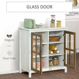Distressed White Kitchen Sideboard - Glass Door Accent Cupboard with Adjustable Shelf Storage - Elegant Organization for Dining and Living Areas