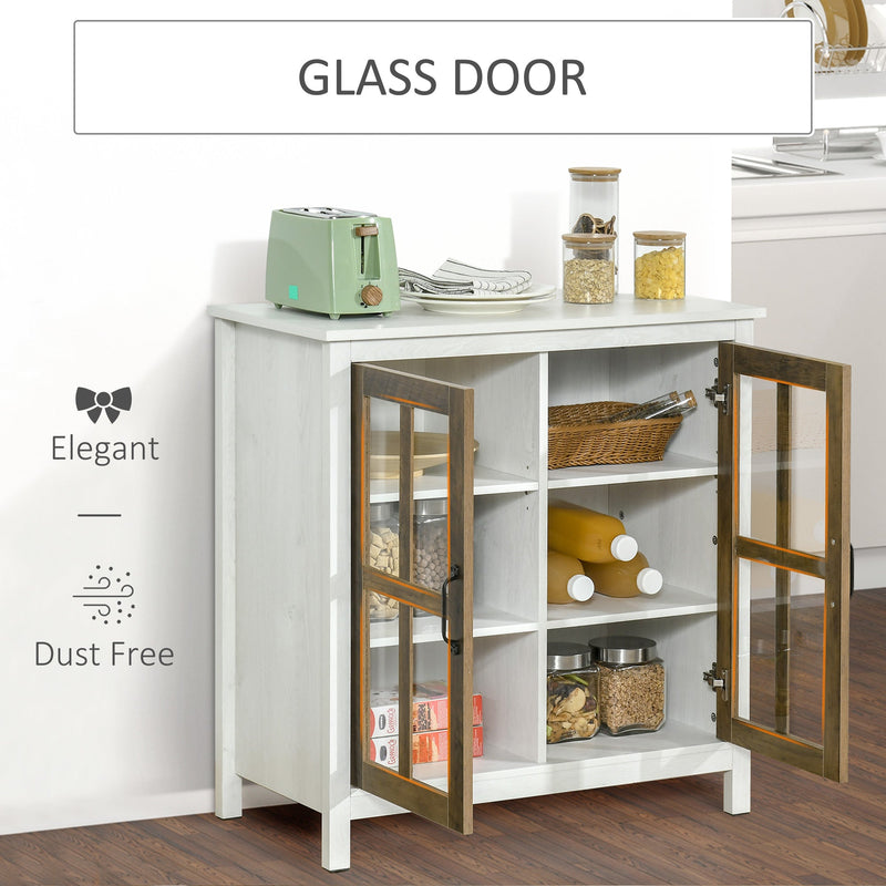 Distressed White Kitchen Sideboard - Glass Door Accent Cupboard with Adjustable Shelf Storage - Elegant Organization for Dining and Living Areas