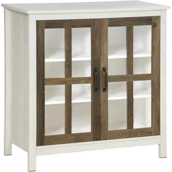 Distressed White Kitchen Sideboard - Glass Door Accent Cupboard with Adjustable Shelf Storage - Elegant Organization for Dining and Living Areas