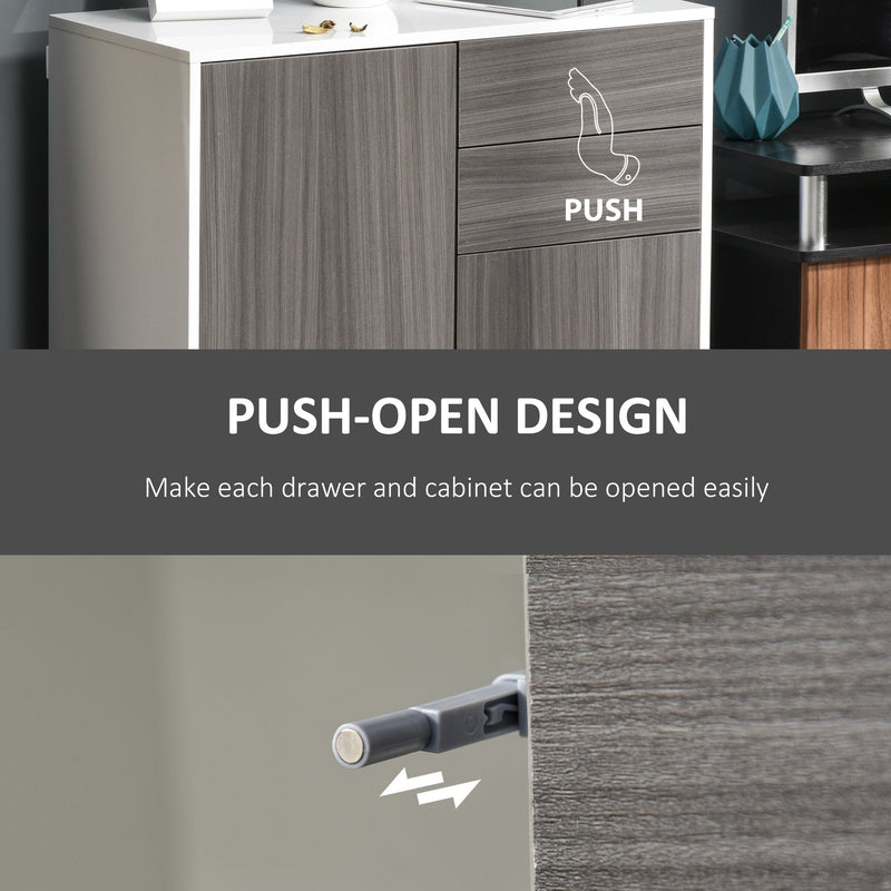 Contemporary Freestanding Push-Open Storage Unit - 2-Drawer & 2-Door Cabinet with Dual-Part Interior, Light Grey and White - Ideal for Organized Home or Office Spaces