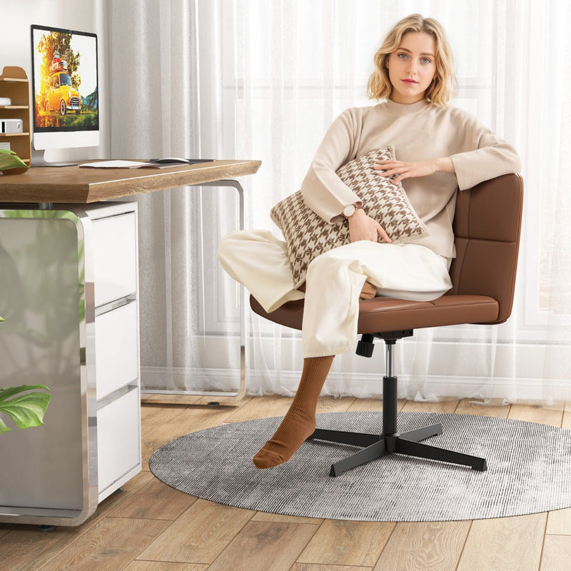 PU Leather Upholstered Armless Cross Legged Office Desk Chair No Wheels-