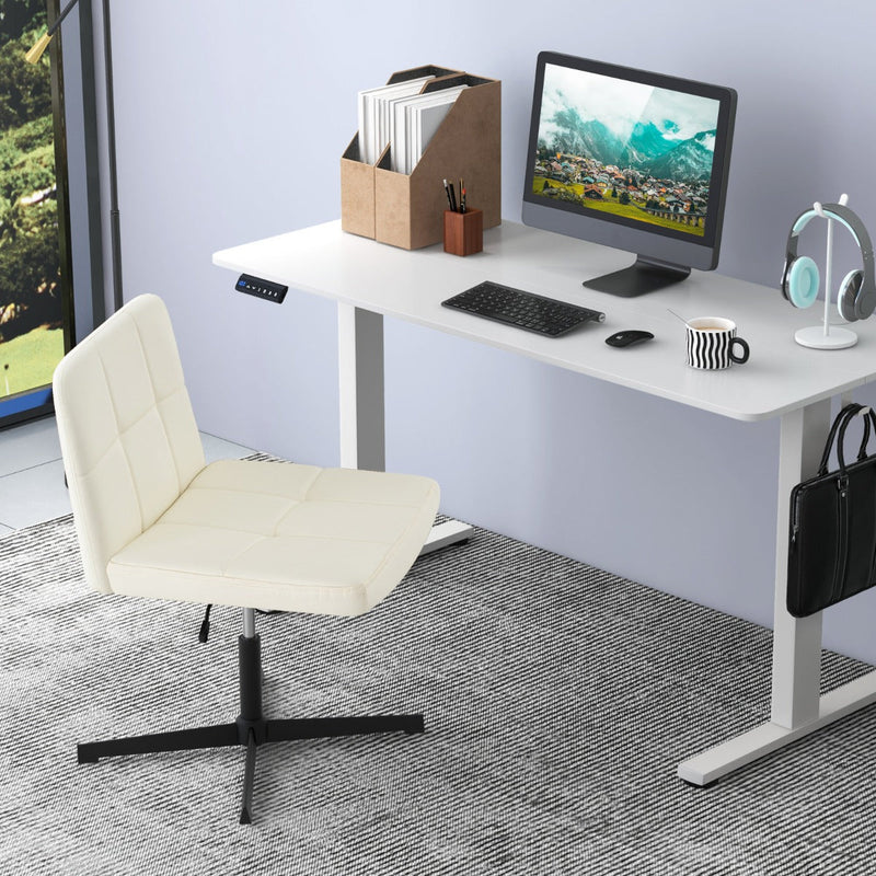 PU Leather Upholstered Armless Cross Legged Office Desk Chair No Wheels-