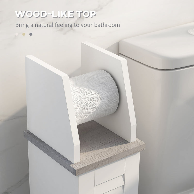 Slim Bathroom Organizer - Space-Saving Floor Cabinet with Cupboard & Roll Holder, Adjustable Shelving - Ideal for Toilet Paper, Shampoo Storage in White