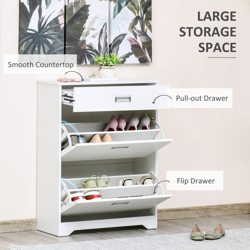 Slim White Tipping Shoe Cabinet - Entryway Storage Rack with Pull-Down Doors & Drawer, Adjustable Shelf - Space-Saving Organizer for Hallways and Small Areas