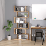 S-Shaped Wooden Bookcase - 6-Tier Storage Display Shelves & Room Divider - Versatile Oak Cabinet for Home and Office Organization
