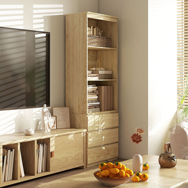 180cm Oak Wood Effect Bookcase - Free Standing Bookshelf with 3 Shelves & 3 Drawers, Display Cabinet - Versatile Storage for Living Room, Home Office, Bedroom
