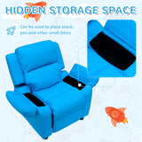 Kids Recliner with Armrest Storage - Blue PU Leather Look Lounger for Children - Comfy Gaming Chair Sofa Seat for Playroom and Relaxation