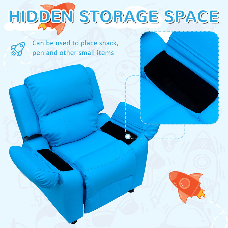 Kids Recliner with Armrest Storage - Blue PU Leather Look Lounger for Children - Comfy Gaming Chair Sofa Seat for Playroom and Relaxation