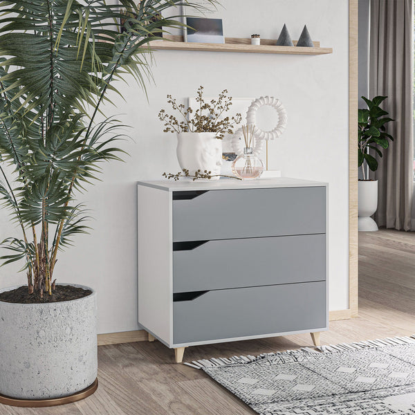 3-Drawer Grey Chest - Bedroom and Living Room Storage Unit with Pine Legs - Spacious 75x42x75cm Organizer for Home Clutter Management