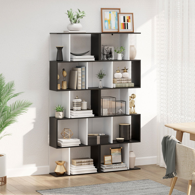 5-Tier S-Shaped Bookcase - Modern Storage & Display Shelving Unit, Divider in Black - Ideal for Organizing Books, Decor in Living Room or Office