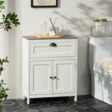 Freestanding White Bathroom Floor Cabinet with Drawer - Double Door Storage Cupboard and Adjustable Shelf - Space-Saving Organizer for Bathroom Essentials