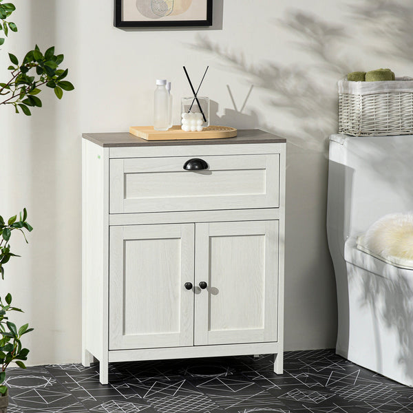 Freestanding White Bathroom Floor Cabinet with Drawer - Double Door Storage Cupboard and Adjustable Shelf - Space-Saving Organizer for Bathroom Essentials