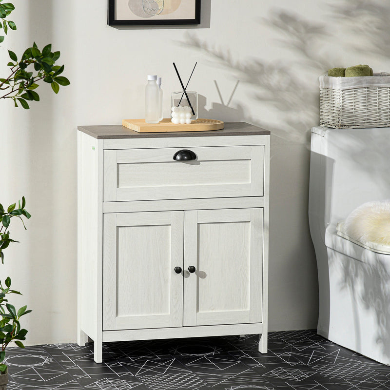 Freestanding White Bathroom Floor Cabinet with Drawer - Double Door Storage Cupboard and Adjustable Shelf - Space-Saving Organizer for Bathroom Essentials