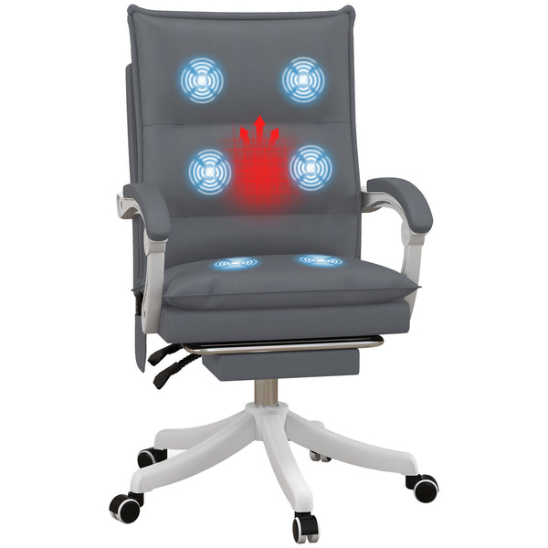 Ergonomic Reclining Office Chair with Vibration Massage and Heat - Faux Leather Desk Chair with Footrest, Armrest, and Plush Double-Tiered Padding, Grey - Comfort for Long Hours at Work