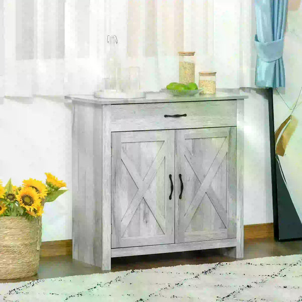 Farmhouse Barn Door Sideboard - Versatile Coffee Bar and Storage Cabinet with Rustic Grey Grain Finish - Ideal for Living Room Organizing and Decor