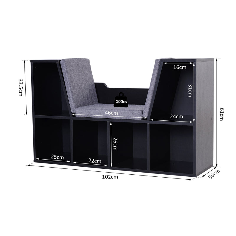 Kids Bookcase with Cushioned Seat - Multipurpose Shelf Storage and Sideboard for Children's Reading Nook - Bedroom and Living Room Organization in Classic Black