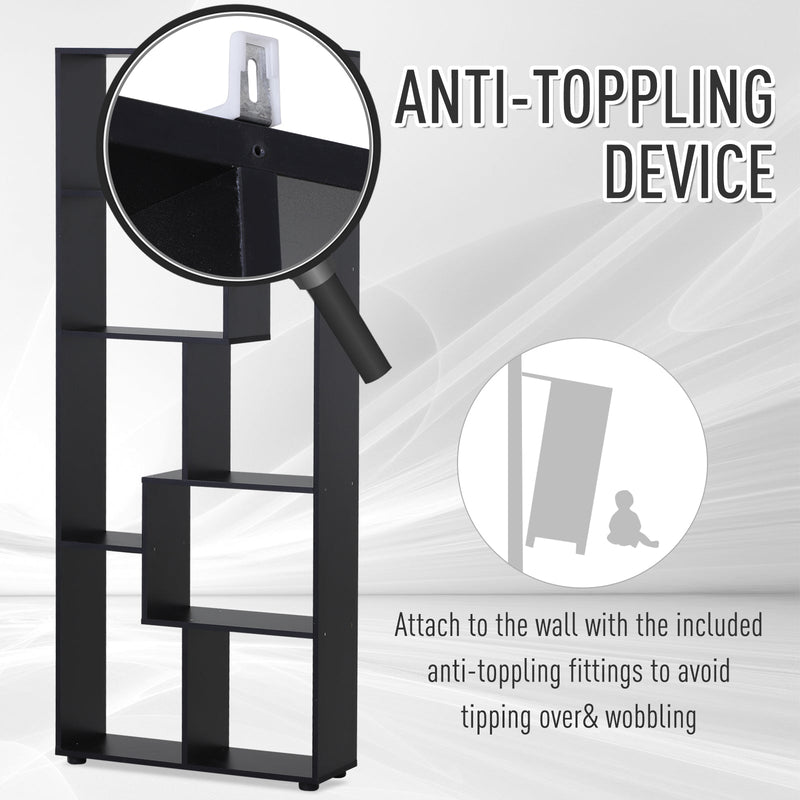 Freestanding 8-Tier Bookcase with Melamine Surface - Modern Black Home Display Storage Unit with Anti-Tipping Foot Pads - Ideal for Organized Book Lovers and Display Enthusiasts
