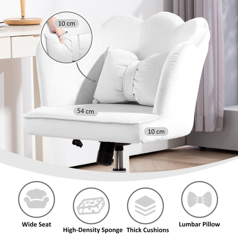 HOMCOM Velvet Office Chair with Petal Shell Back and Lumbar Pillow, Armless Desk Chair with Wide Seat and Tilt Function, Height Adjustable Swivel Makeup Vanity Chair for Bedroom, White
