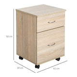 Oak Rolling File Cabinet Cupboard - 2-Drawer Table Storage Unit with Wheels - Mobile Bedside Organizer for Home Office Use