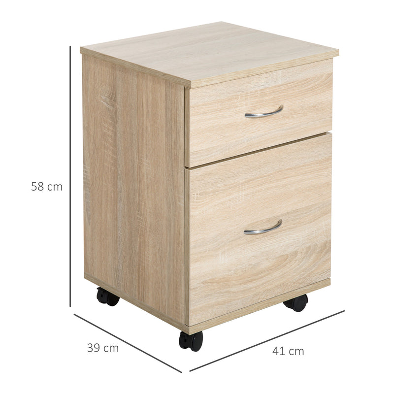 Oak Rolling File Cabinet Cupboard - 2-Drawer Table Storage Unit with Wheels - Mobile Bedside Organizer for Home Office Use