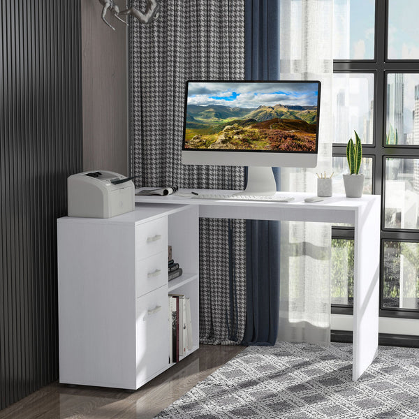 L-Shaped Computer Desk with Drawers and File Cabinet - Spacious Workstation with Storage Shelves for Home Office - Sleek White Design Suitable for Professionals and Students