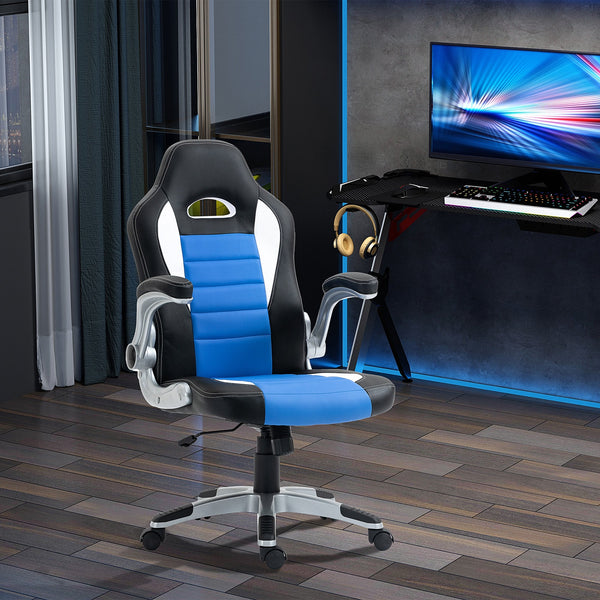 Ergonomic Racing Style Gaming Chair - PU Leather, Height Adjustable, Swivel, Tilt, Flip-Up Armrests in Blue - Comfortable Desk Chair for Gamers and Professionals