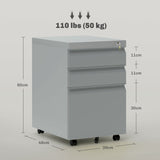 Vinsetto 3 Drawer Filling Cabinet, Mobile Metal File Cabinet with Anti-tilt Design for Letter, A4, Legal Size, Grey | Aosom UK