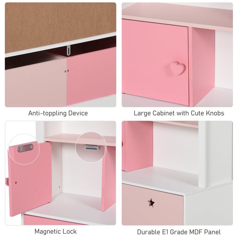 Kids Toy Storage and Bookshelf with Drawer - Rolling Wooden Organizer and Display Stand, 80x34x130cm, Pink - Ideal for Child's Room Organization