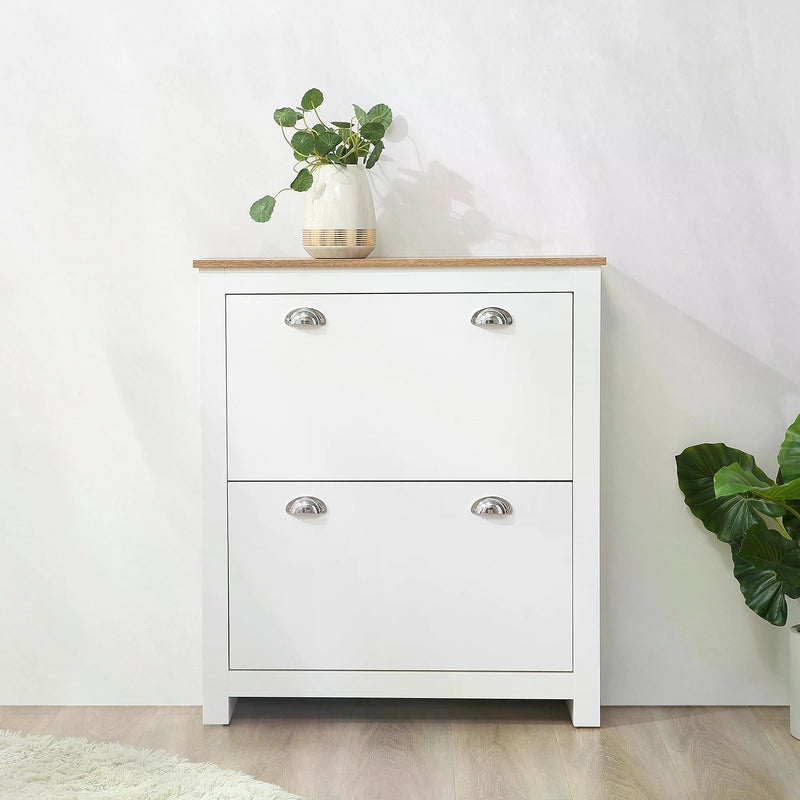 Modern White 2-Drawer Shoe Cabinet - Narrow Hallway Organizer with Flip Doors & Adjustable Shelves - Stores Up to 12 Pairs of Footwear