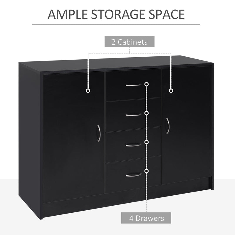 2-Door & 4-Drawer Sideboard Storage Cabinet - Freestanding Cupboard and Chest Organizer for Kitchen & Living Room - Sleek Black Finish for Home Organization