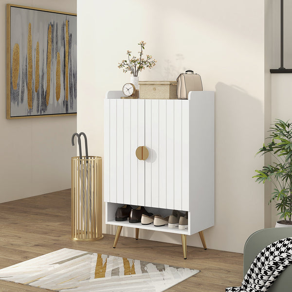 Modern 2-Door Shoe Cabinet with Open Shelf - Adjustable Storage Cupboard Fits 15 Pairs, White - Ideal for Entryway and Hallway Organization