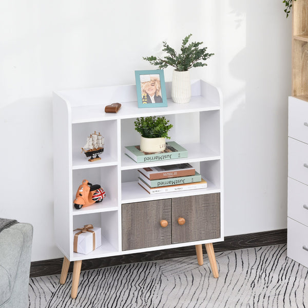 Modern Freestanding Bookcase with 6-Tier Shelves and Cabinet - Chic White Display Storage with Wooden Legs - Ideal for Home Office and Decor Organization