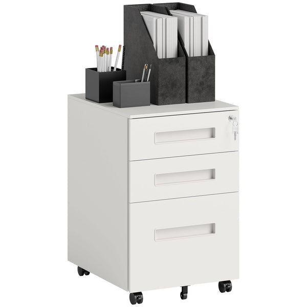 Vinsetto Metal Mobile File Cabinet with Wheels, Lockable 3 Drawer Filing Cabinet for A4, Legal, Letter, Under Desk Office Cabinet with Pre-Assembled Body for Home Office, 39 x 48 x 60 cm, White