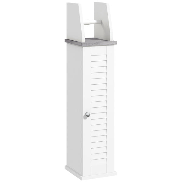 Slim Bathroom Organizer - Space-Saving Floor Cabinet with Cupboard & Roll Holder, Adjustable Shelving - Ideal for Toilet Paper, Shampoo Storage in White