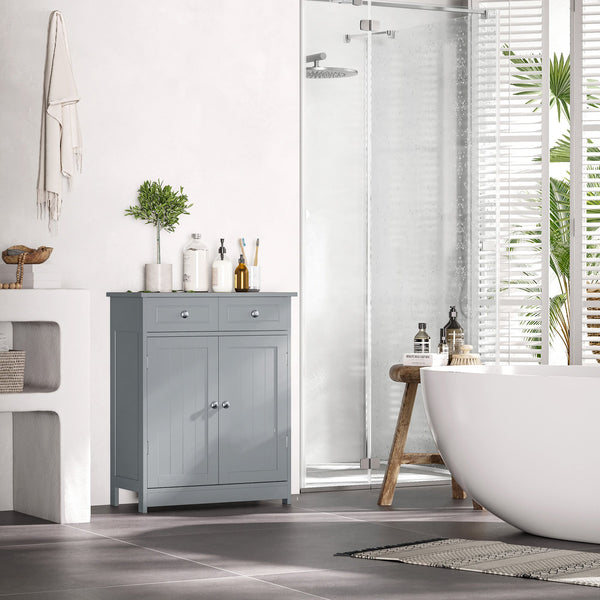 Free-Standing Bathroom Storage Cabinet with Adjustable Shelf - 2 Drawer Traditional Style Unit with Cupboard & Handles, 75x60cm, Grey - Ideal for Organizing Toiletries and Linens