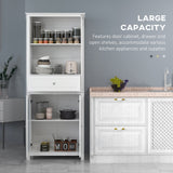 Pantry Storage Unit with Tempered Glass Doors - Kitchen Cupboard with Drawer, Open Shelf & Adjustable Shelves | 181.5 cm Tall in White - Ideal for Organizing Kitchenware & Food Essentials