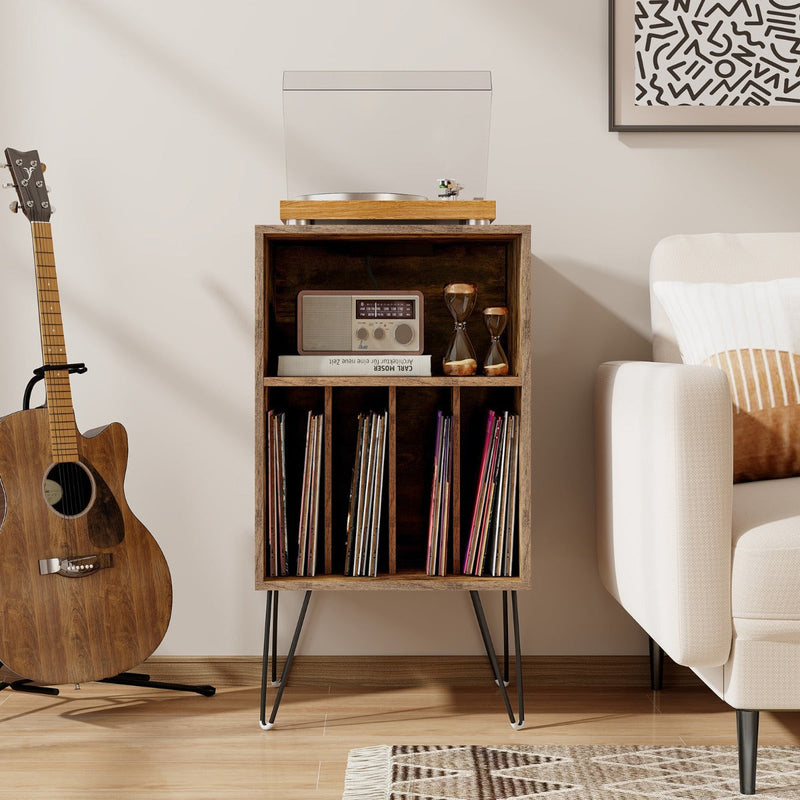 Record Player Stand - 3-Tier, Charging Station Shelf, 4 Dividers, Rustic Brown - Ideal Storage Solution for Vinyl Enthusiasts