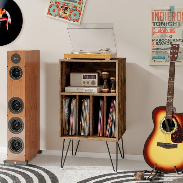 Record Player Stand - 3-Tier, Charging Station Shelf, 4 Dividers, Rustic Brown - Ideal Storage Solution for Vinyl Enthusiasts