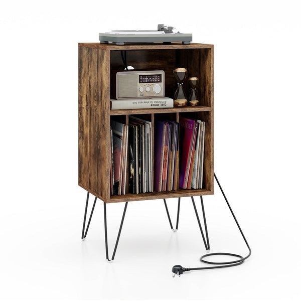 Record Player Stand - 3-Tier, Charging Station Shelf, 4 Dividers, Rustic Brown - Ideal Storage Solution for Vinyl Enthusiasts