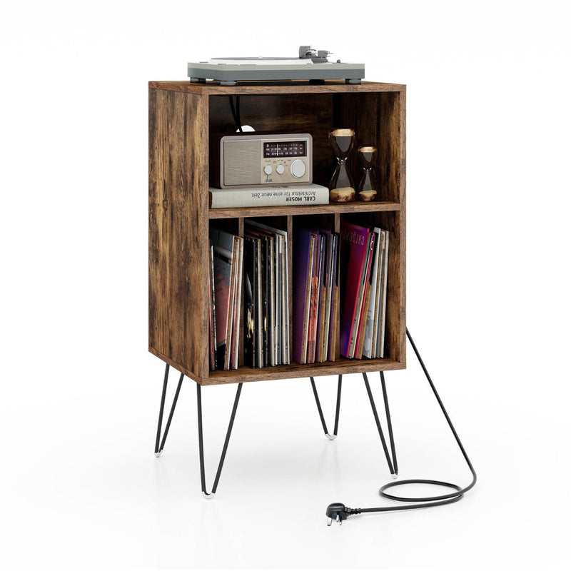 Record Player Stand - 3-Tier, Charging Station Shelf, 4 Dividers, Rustic Brown - Ideal Storage Solution for Vinyl Enthusiasts