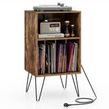 Record Player Stand - 3-Tier, Charging Station Shelf, 4 Dividers, Rustic Brown - Ideal Storage Solution for Vinyl Enthusiasts